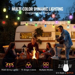 rgb outdoor string lights, 100ft, outside patio lights with app control 30 bulbs, 15 single color adjustable brightness time setting, waterproof hanging lights for halloween decoration christmas