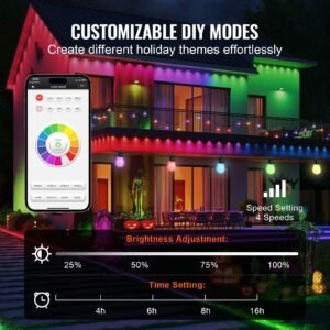 rgb outdoor string lights, 50ft, outside patio lights with app control 15 bulbs, 15 single color adjustable brightness time setting, waterproof hanging lights for halloween decorations christmas