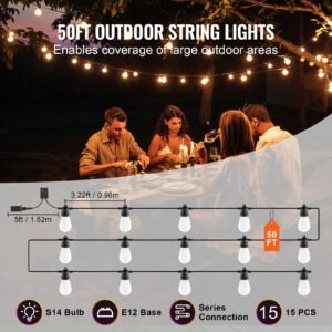 rgb outdoor string lights, 50ft, outside patio lights with app control 15 bulbs, 15 single color adjustable brightness time setting, waterproof hanging lights for halloween decorations christmas