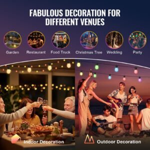 rgb outdoor string lights, 50ft, outside patio lights with app control 15 bulbs, 15 single color adjustable brightness time setting, waterproof hanging lights for halloween decorations christmas