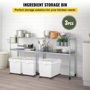rice storage container, 10.5gallon/40l x3 capacity large dog food dispenser bin, kitchen ingredient grain cereal flour bin, pet food containers with wheels, 3 scoops, and airtight lid, 3 pack
