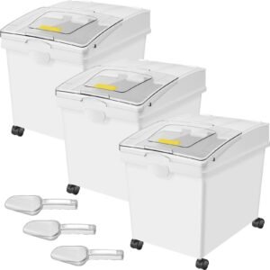 rice storage container, 10.5gallon/40l x3 capacity large dog food dispenser bin, kitchen ingredient grain cereal flour bin, pet food containers with wheels, 3 scoops, and airtight lid, 3 pack