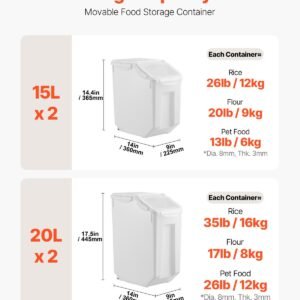 rice storage container, 3.5gal/15lx2 + 4.5gal/20lx2 large dog food dispenser bin, kitchen ingredient grain cereal bin, pet food containers with wheels, 4 measuring cups, airtight lid, 4 pack