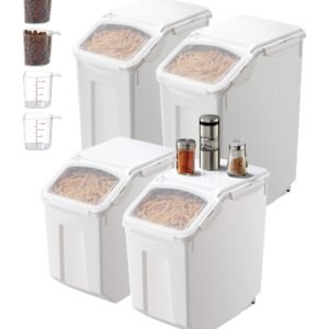 rice storage container, 3.5gal/15lx2 + 4.5gal/20lx2 large dog food dispenser bin, kitchen ingredient grain cereal bin, pet food containers with wheels, 4 measuring cups, airtight lid, 4 pack