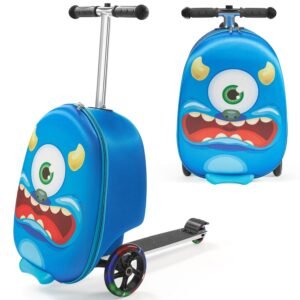ride on luggage, 20 l capacity, 20 inches kids scooter suitcase with flash pu wheels, adjustable handle & tpr non slip grip, foldable & lightweight scooter luggage for kids aged 5+, blue