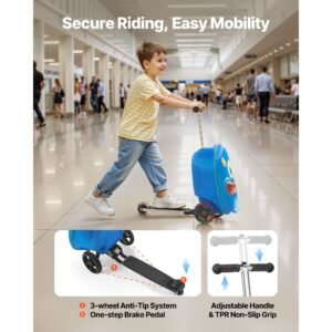 ride on luggage, 20 l capacity, 20 inches kids scooter suitcase with flash pu wheels, adjustable handle & tpr non slip grip, foldable & lightweight scooter luggage for kids aged 5+, blue