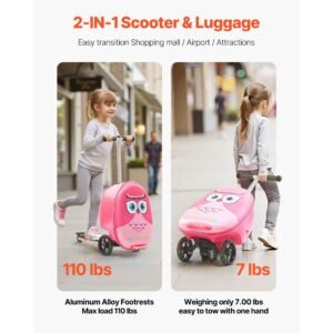 Ride-on Luggage, 20 L Capacity, 20 Inches Kids Scooter Suitcase with Flash PU Wheels, Adjustable Handle & TPR Non-Slip Grip, Foldable & Lightweight Scooter Luggage for Kids Aged 5+, Pink