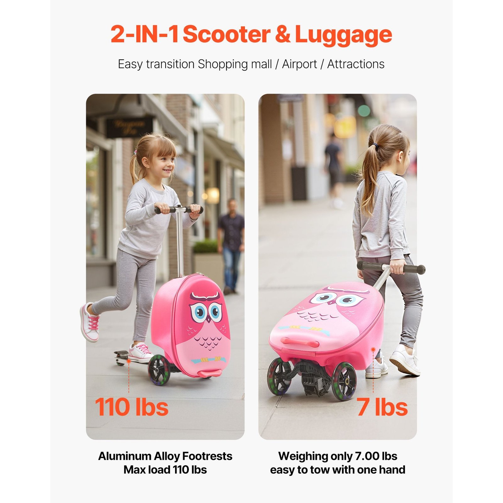 ride on luggage, 20 l capacity, 20 inches kids scooter suitcase with flash pu wheels, adjustable handle & tpr non slip grip, foldable & lightweight scooter luggage for kids aged 5+, pink