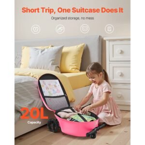 ride on luggage, 20 l capacity, 20 inches kids scooter suitcase with flash pu wheels, adjustable handle & tpr non slip grip, foldable & lightweight scooter luggage for kids aged 5+, pink