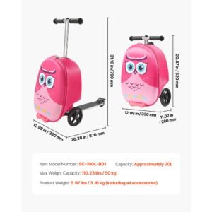 ride on luggage, 20 l capacity, 20 inches kids scooter suitcase with flash pu wheels, adjustable handle & tpr non slip grip, foldable & lightweight scooter luggage for kids aged 5+, pink