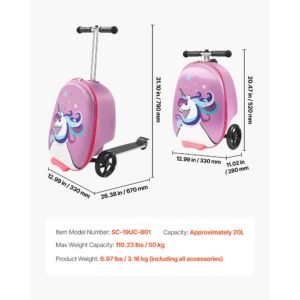 ride on luggage, 20 l capacity, 20 inches kids scooter suitcase with flash pu wheels, adjustable handle & tpr non slip grip, foldable & lightweight scooter luggage for kids aged 5+, purple