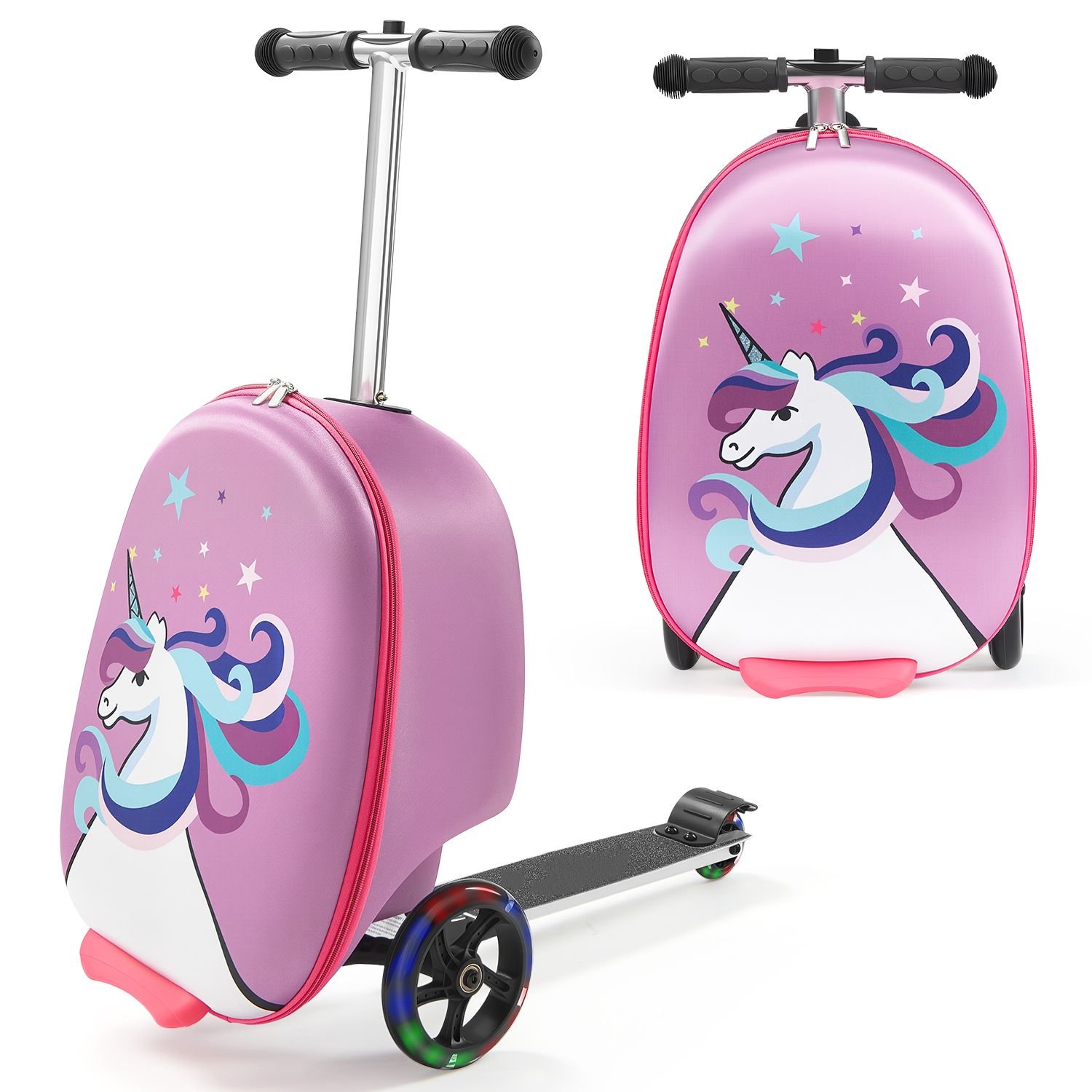 ride on luggage, 20 l capacity, 20 inches kids scooter suitcase with flash pu wheels, adjustable handle & tpr non slip grip, foldable & lightweight scooter luggage for kids aged 5+, purple