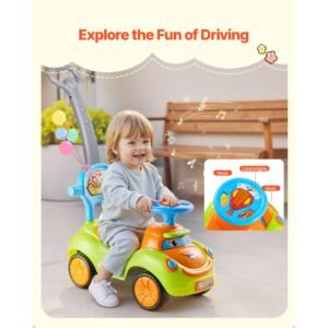 ride on push car, push car for toddler 19 to 36 months, around buggy with guardrails, handle & under seat storage, 55 lbs load capacity, foot to floor walker for boys girls, green