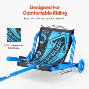 ride on scooter, load capacity of 132 lbs, swing side to side for amazing ride powered by zig zag motion, ride on drifting toy for ages 4+, rides on any hard surface for indoor & outdoor, blue