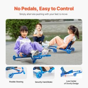 ride on scooter, load capacity of 132 lbs, swing side to side for amazing ride powered by zig zag motion, ride on drifting toy for ages 4+, rides on any hard surface for indoor & outdoor, blue