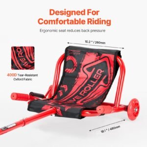 ride on scooter, load capacity of 132 lbs, swing side to side for amazing ride powered by zig zag motion, ride on drifting toy for ages 4+, rides on any hard surface for indoor & outdoor, red