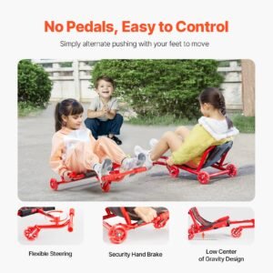 ride on scooter, load capacity of 132 lbs, swing side to side for amazing ride powered by zig zag motion, ride on drifting toy for ages 4+, rides on any hard surface for indoor & outdoor, red