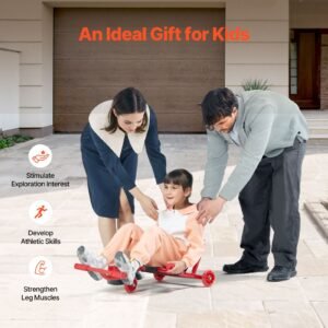 ride on scooter, load capacity of 132 lbs, swing side to side for amazing ride powered by zig zag motion, ride on drifting toy for ages 4+, rides on any hard surface for indoor & outdoor, red