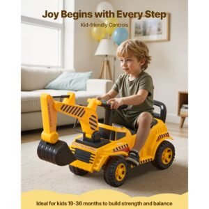 ride on toddler car, push car for toddler 19 to 36 months, excavator digger toy with helmet & music, 55 lbs load capacity, foot to floor walker for kids, yellow