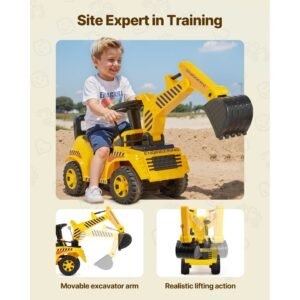 ride on toddler car, push car for toddler 19 to 36 months, excavator digger toy with helmet & music, 55 lbs load capacity, foot to floor walker for kids, yellow