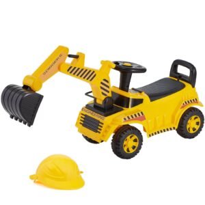 Ride On Toddler Car, Push Car for Toddler 19 to 36 Months, Excavator Digger Toy with Helmet & Music, 55 lbs Load Capacity, Foot-to-Floor Walker for Kids, Yellow