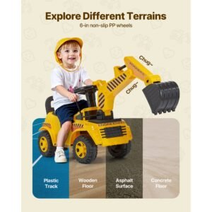 ride on toddler car, push car for toddler 19 to 36 months, excavator digger toy with helmet & music, 55 lbs load capacity, foot to floor walker for kids, yellow