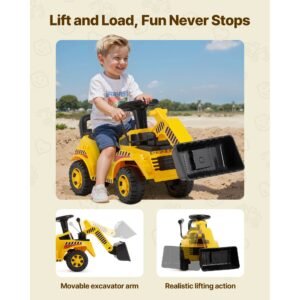 ride on toddler car, ride on excavator car for toddler 19 to 36 months, excavator bulldozer digger toy with under seat storage & music, 55 lbs load capacity, foot to floor walker for kid, yellow