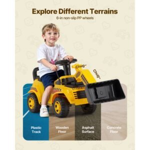 ride on toddler car, ride on excavator car for toddler 19 to 36 months, excavator bulldozer digger toy with under seat storage & music, 55 lbs load capacity, foot to floor walker for kid, yellow