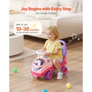 ride on toddler push car, push car for toddler 19 to 36 months, kids ride on toy with horn & music, 48.5 lbs load capacity, under seat storage, foot to floor walker for toddlers boys girls, pink