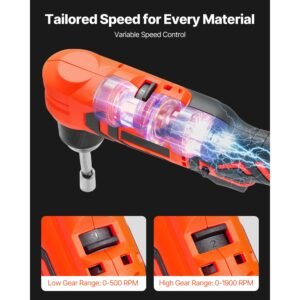 right angle drill, 3/8 inch chuck, 90 degree cordless right angle drill with brushless motor, battery, charger, and belt clip, adjustable speed, for fastening and loosening in tight spaces