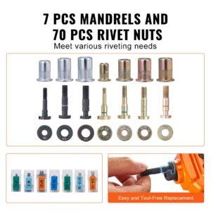 rivet nut tool, 14 in rivnut tool kit with 7 pcs metric and sae mandrels, 70 pcs assorted rivet nuts, 10 24, 1/4 20, m6, 5/16 18, m8, 3/8 16, m10, with rugged carrying case, for diy, repairs
