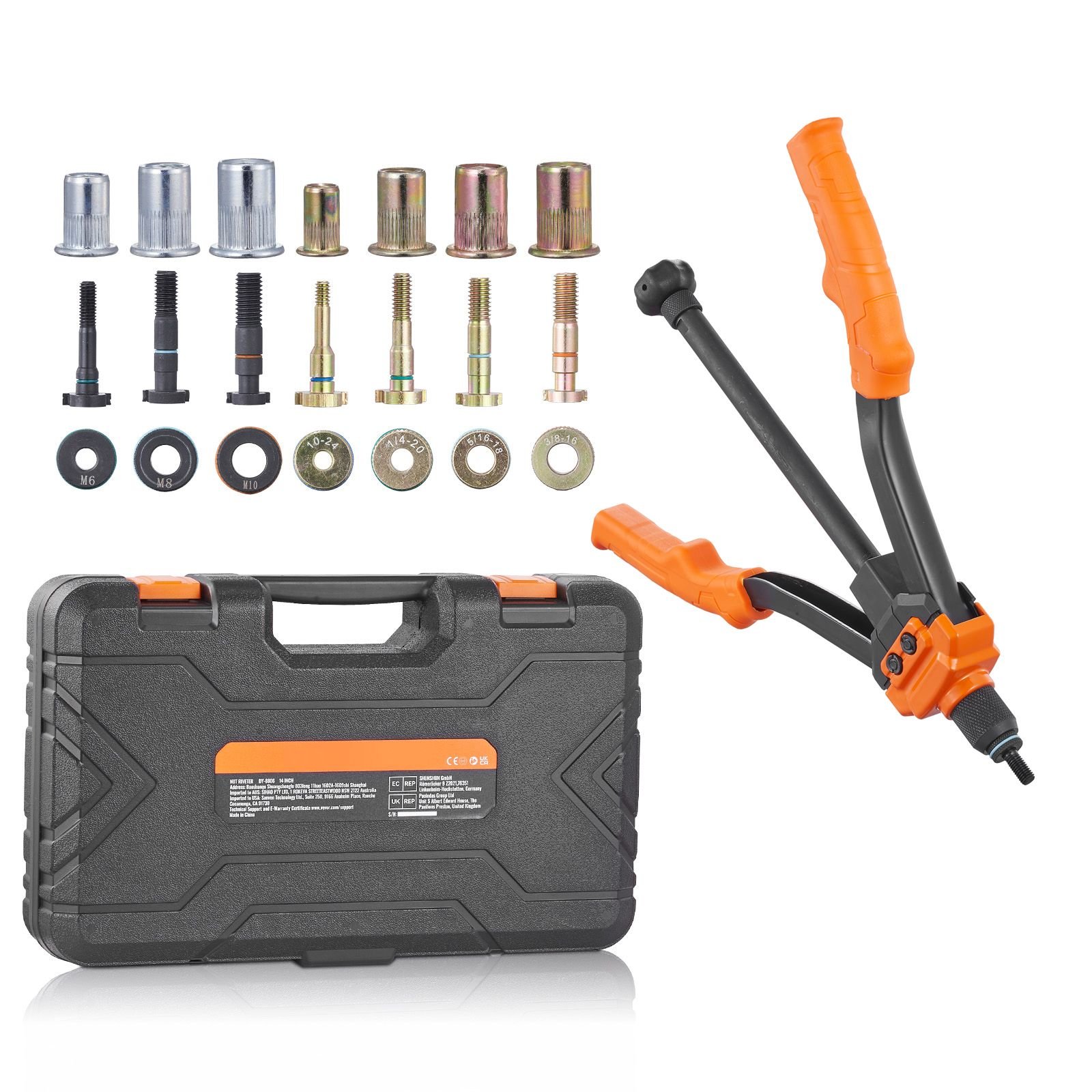 rivet nut tool, 14 in rivnut tool kit with 7 pcs metric and sae mandrels, 70 pcs assorted rivet nuts, 10 24, 1/4 20, m6, 5/16 18, m8, 3/8 16, m10, with rugged carrying case, for diy, repairs