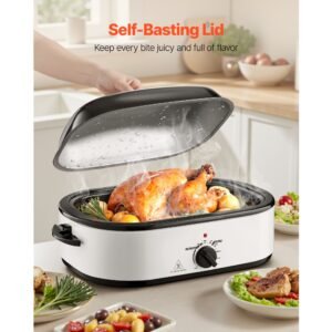 roaster oven, 18qt electric roaster oven, 150 450 f adjustable temp electric roasting pan, multifunctional electric roaster oven with self basting lid, removable pan and rack for holiday