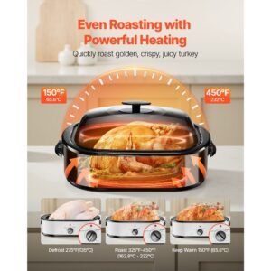 roaster oven, 18qt electric roaster oven, 150 450 f adjustable temp electric roasting pan, multifunctional electric roaster oven with self basting lid, removable pan and rack for holiday