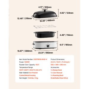roaster oven, 18qt electric roaster oven, 150 450 f adjustable temp electric roasting pan, multifunctional electric roaster oven with self basting lid, removable pan and rack for holiday