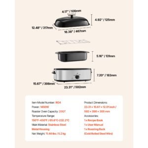 roaster oven, 20qt electric roasting pan, 150 450 f adjustable temperature fast cooking turkey roaster, turkey oven with self basting lid, defrost & warm function for home, fits 24lb turkey
