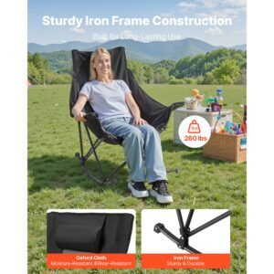 rocking camping chair, portable folding rocker, heavy duty lawn chair recliner with cupholder & pocket, supports 225lbs, fully padded camp chairs for outdoor patio backyard porch garden