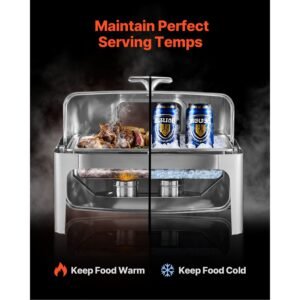 roll top chafing dish buffet complete set, 9 qt 1 pack stainless steel chafer with 2 half size pans, rectangle catering warmer server with visible lid water pan folding stand fuel holder, silver