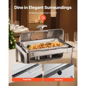 roll top chafing dish buffet complete set, 9 qt 1 pack stainless steel chafer with 2 half size pans, rectangle catering warmer server with visible lid water pan folding stand fuel holder, silver