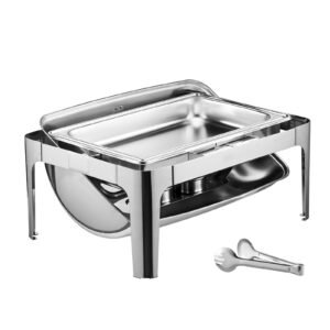 Roll Top Chafing Dish Buffet Complete Set, 9 Qt 1 Pack Stainless Steel Chafer with 2 Half Size Pans, Rectangle Catering Warmer Server with Visible Lid Water Pan Folding Stand Fuel Holder, Silver