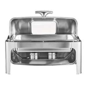 roll top chafing dish buffet complete set, 9 qt 1 pack stainless steel chafer with 2 half size pans, rectangle catering warmer server with visible lid water pan folding stand fuel holder, silver