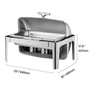 roll top chafing dish buffet complete set, 9qt stainless steel chafer with full size pan, rectangle catering warmer server with lid water pan folding stand fuel holder meal clip, silver