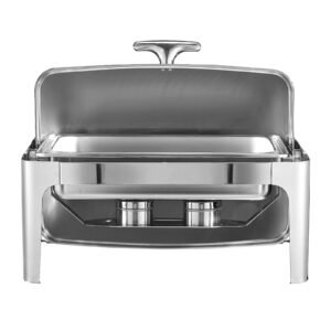 roll top chafing dish buffet complete set, 9qt stainless steel chafer with full size pan, rectangle catering warmer server with lid water pan folding stand fuel holder meal clip, silver