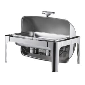 roll top chafing dish buffet complete set, 9qt stainless steel chafer with full size pan, rectangle catering warmer server with lid water pan folding stand fuel holder meal clip, silver