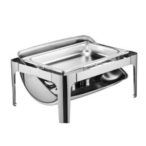 roll top chafing dish buffet complete set, 9qt stainless steel chafer with full size pan, rectangle catering warmer server with lid water pan folding stand fuel holder meal clip, silver
