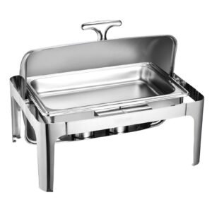 roll top chafing dish buffet complete set, 9qt stainless steel chafer with full size pan, rectangle catering warmer server with lid water pan folding stand fuel holder meal clip, silver