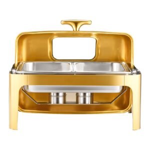 roll top chafing dish buffet complete set, 9qt stainless steel chafer with full size pan, rectangle catering warmer server with visible lid water pan folding stand fuel holder meal clip, gold