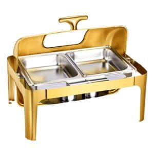 roll top chafing dish buffet complete set, 9qt stainless steel chafer with full size pan, rectangle catering warmer server with visible lid water pan folding stand fuel holder meal clip, gold