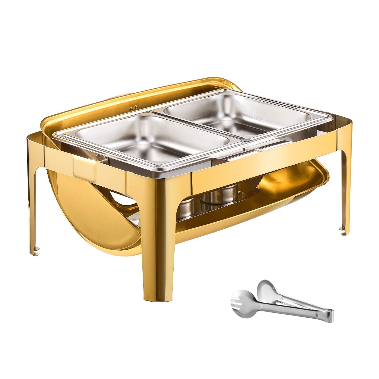 roll top chafing dish buffet complete set, 9qt stainless steel chafer with full size pan, rectangle catering warmer server with visible lid water pan folding stand fuel holder meal clip, gold