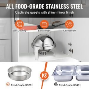 roll top chafing dish buffet set, 6 qt 2 pack, stainless steel chafer with 2 full size pans, round catering warmer server with lid water pan stand fuel holder, for at least 5 people each